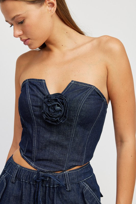 EVETTE DENIM ROSETTE TOP