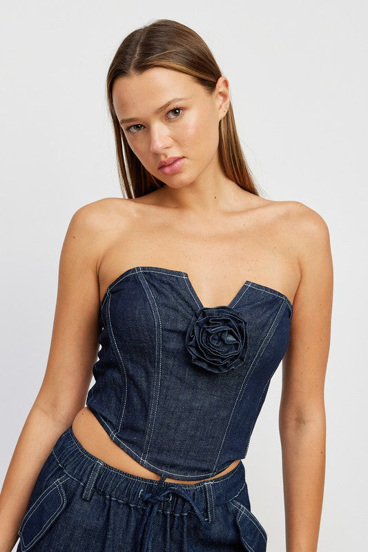 EVETTE DENIM ROSETTE TOP