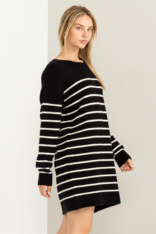 CHLOE STRIPED SWEATER DRESS- BLACK