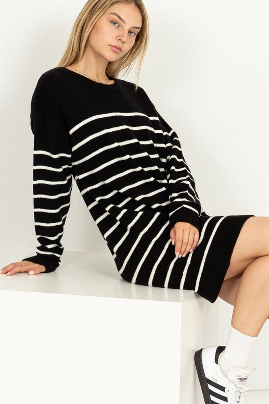 CHLOE STRIPED SWEATER DRESS- BLACK
